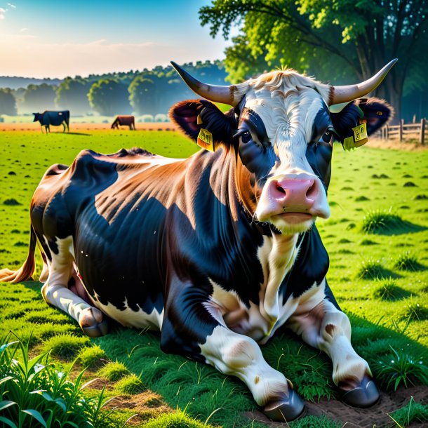 Image of a resting of a cow on the field