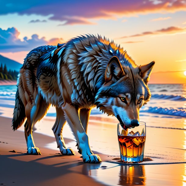 Foto de um beber de um lobo na praia