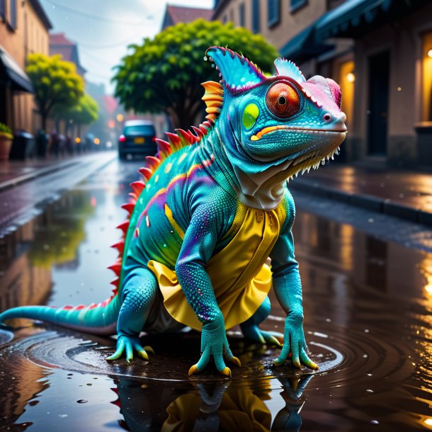 Image of a chameleon in a dress in the puddle