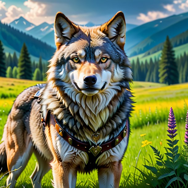 Photo of a wolf in a belt in the meadow