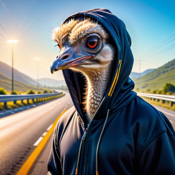 Picture of a ostrich in a hoodie on the highway