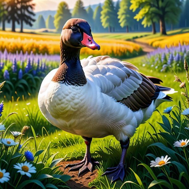 Picture of a goose in a gloves in the meadow