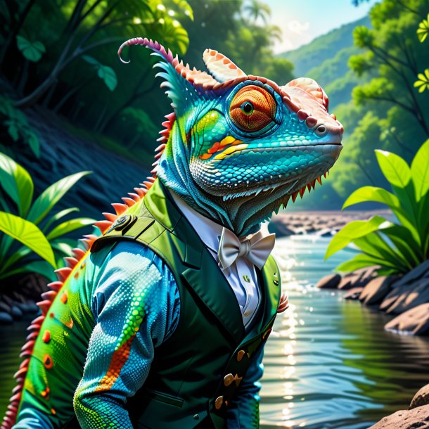 Drawing of a chameleon in a vest in the river