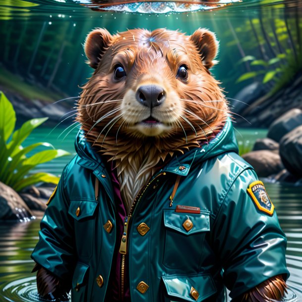 Drawing of a beaver in a jacket in the water