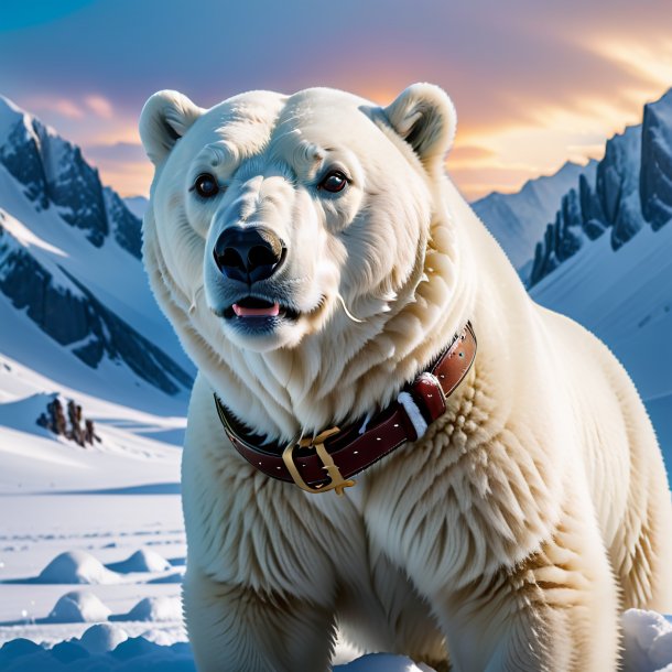 Foto de um urso polar em um cinto na neve