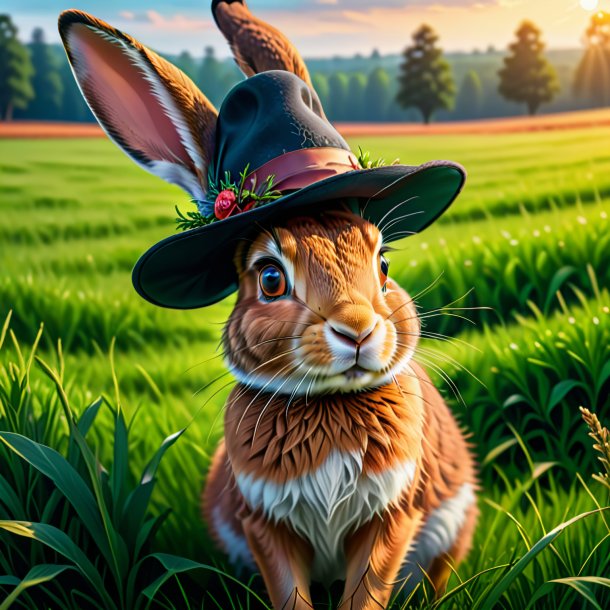 Drawing of a hare in a hat on the field