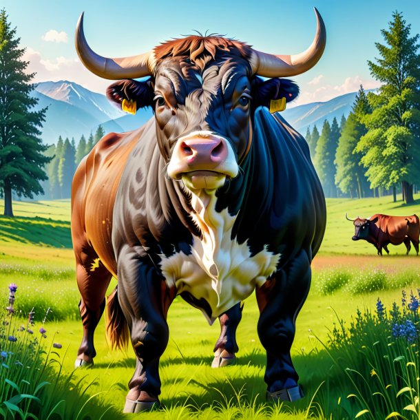 Picture of a bull in a trousers in the meadow