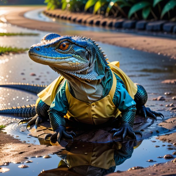 Image of a monitor lizard in a skirt in the puddle