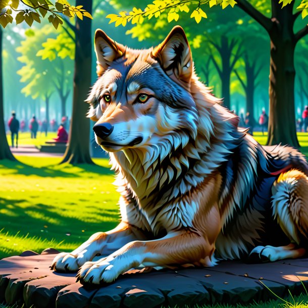 Uma imagem de um lobo esperando no parque