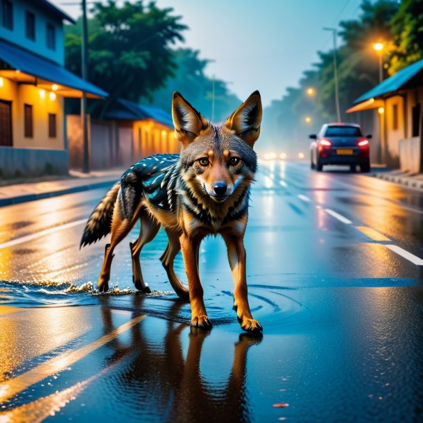 Foto de una natación de un chacal en el camino