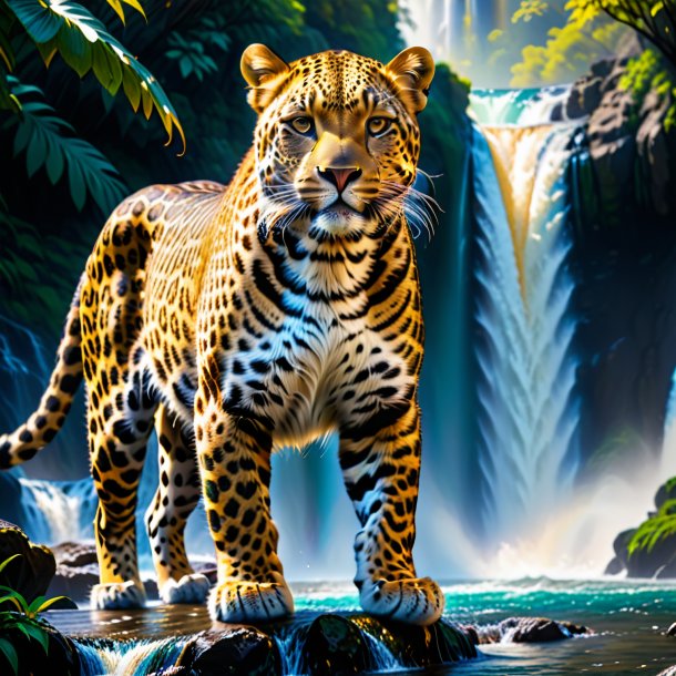 Photo of a leopard in a trousers in the waterfall