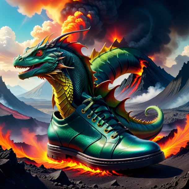 Illustration of a basilisk in a shoes in the volcano