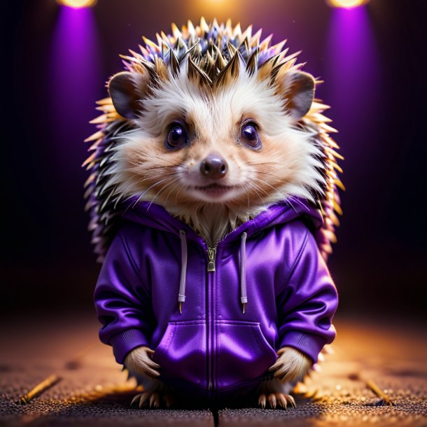 Pic of a hedgehog in a purple hoodie