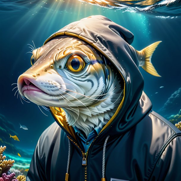 Ilustração de um haddock em um hoodie no mar