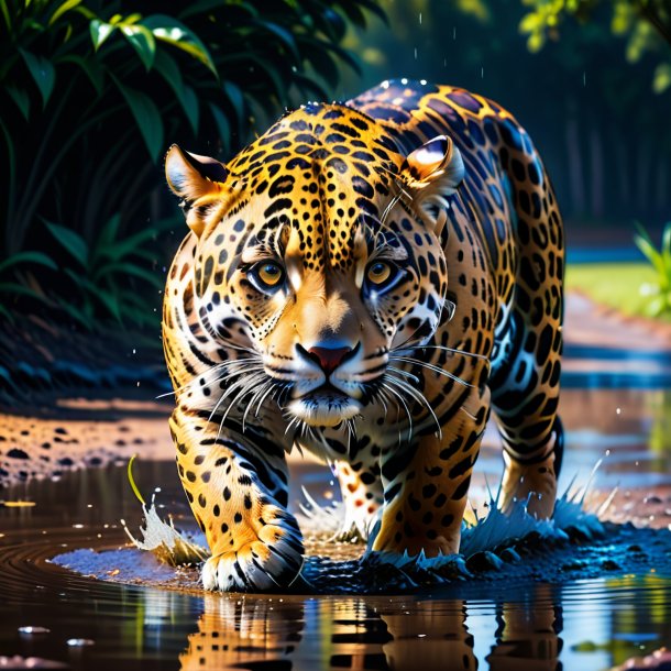 Foto de un llanto de un jaguar en el charco