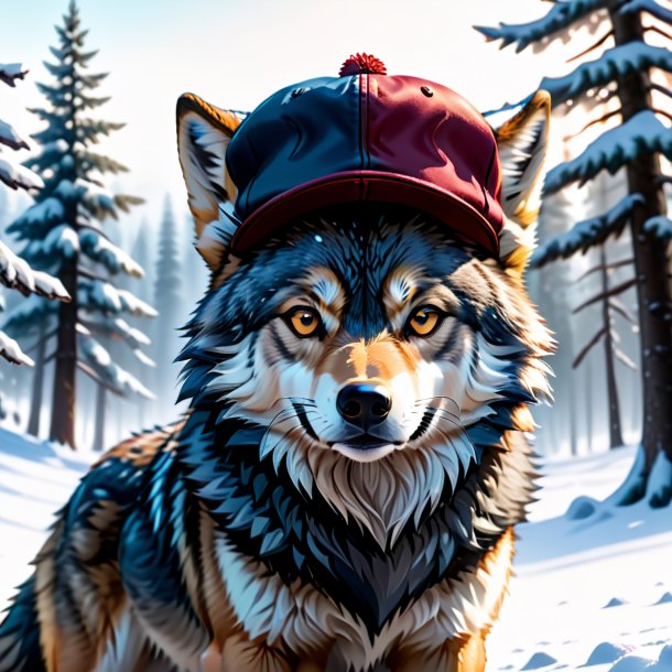 Imagem de um lobo em um boné na neve