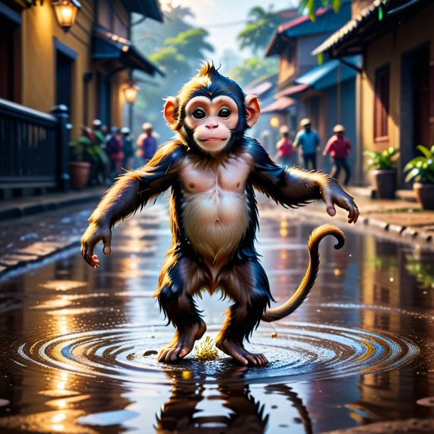 Photo of a dancing of a monkey in the puddle