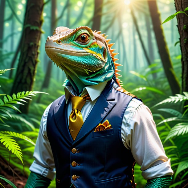 Photo of a lizard in a vest in the forest