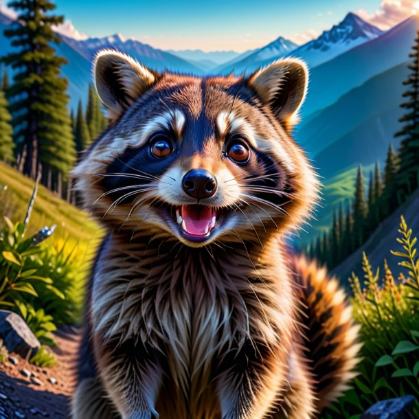 Picture of a smiling of a raccoon in the mountains