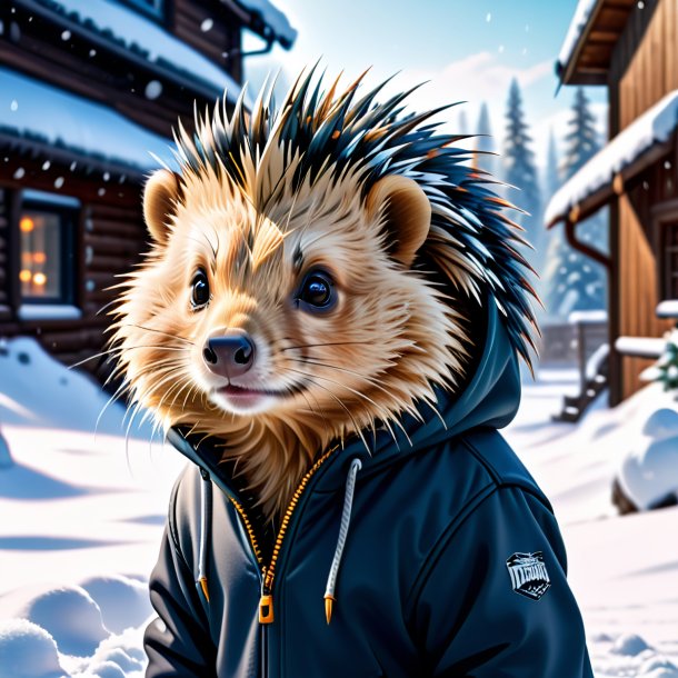 Picture of a porcupine in a hoodie in the snow