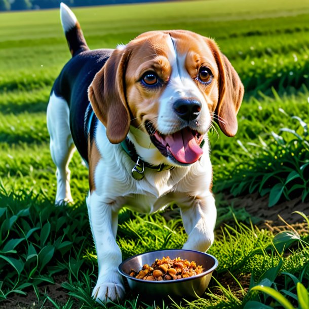 Imagen de un comer de un beagle en el campo