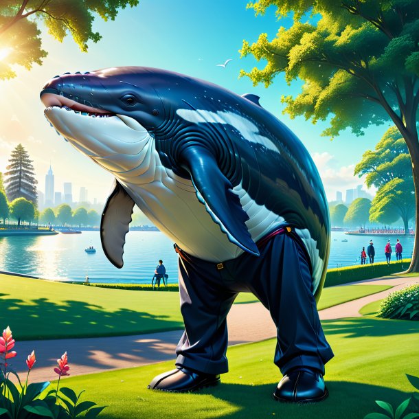 Illustration of a whale in a trousers in the park