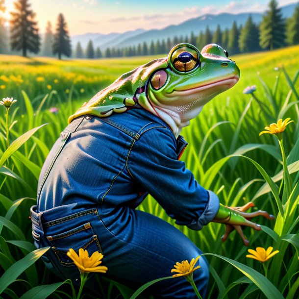 Pic d'une grenouille dans un jean dans la prairie