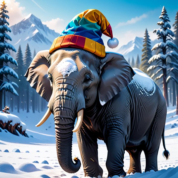 Image of a elephant in a cap in the snow