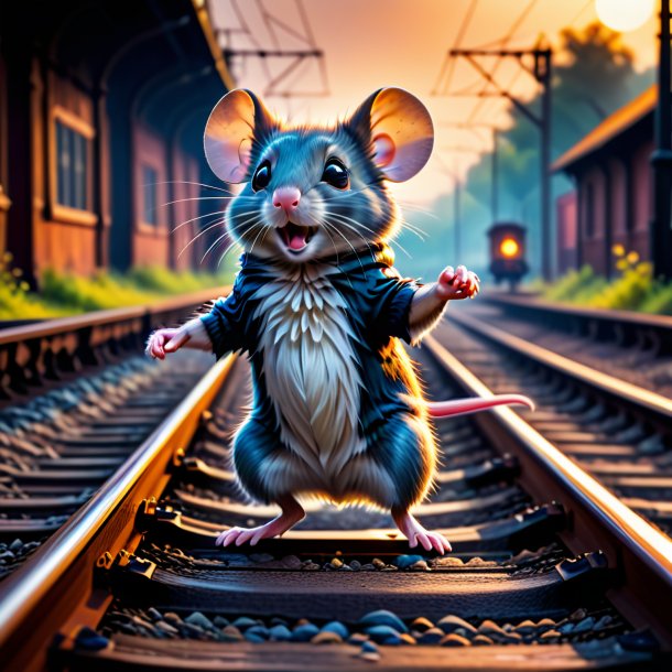 Photo of a dancing of a mouse on the railway tracks