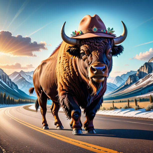 Dessin d'un bison dans un chapeau sur la route