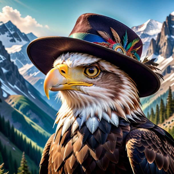 Pic of a eagle in a hat in the mountains