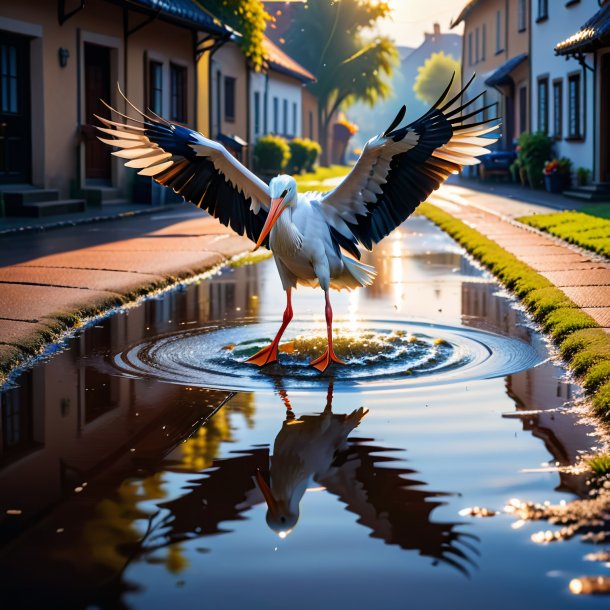 Image of a playing of a stork in the puddle