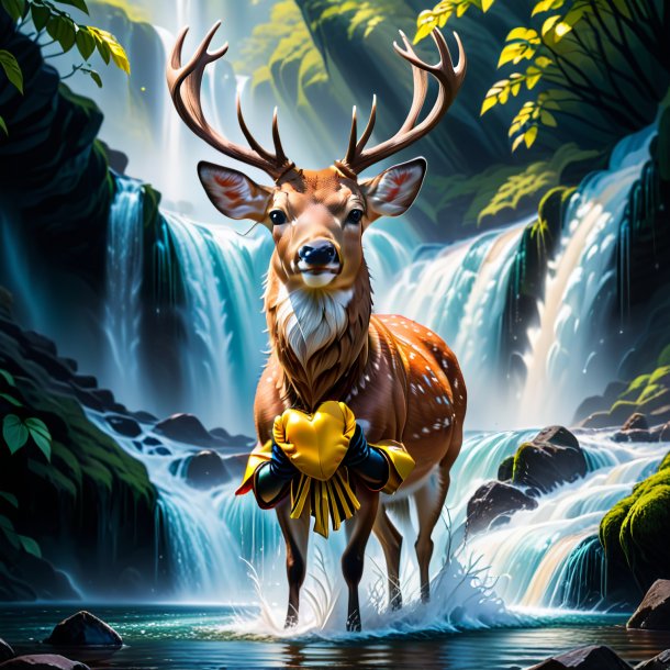 Photo of a deer in a gloves in the waterfall