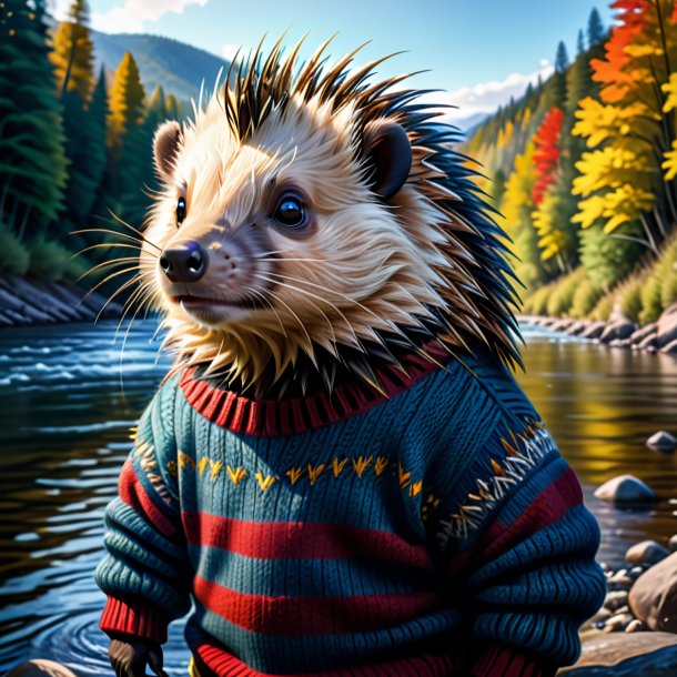 Drawing of a porcupine in a sweater in the river