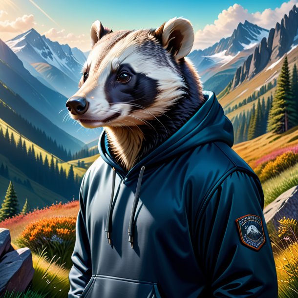 Illustration of a badger in a hoodie in the mountains