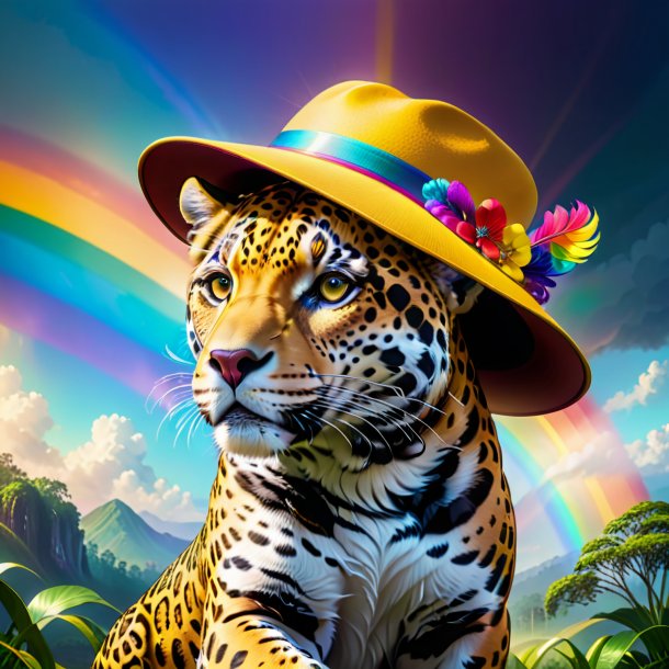 Drawing of a jaguar in a hat on the rainbow