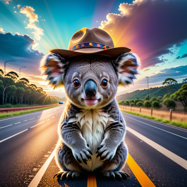 Foto de un koala en un sombrero en la carretera