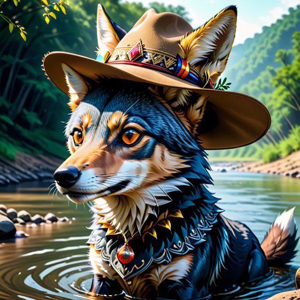 Drawing of a jackal in a hat in the river