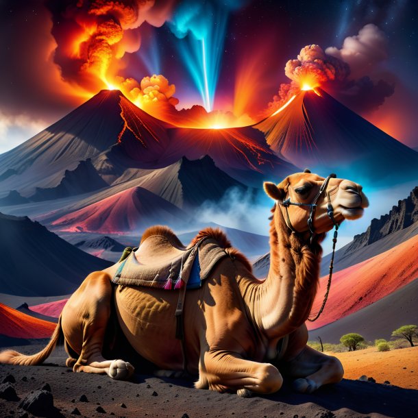 Photo of a sleeping of a camel in the volcano