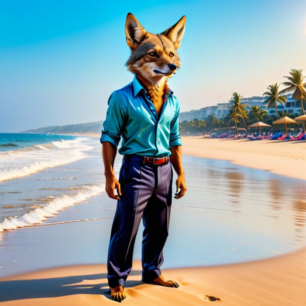 Photo of a jackal in a trousers on the beach