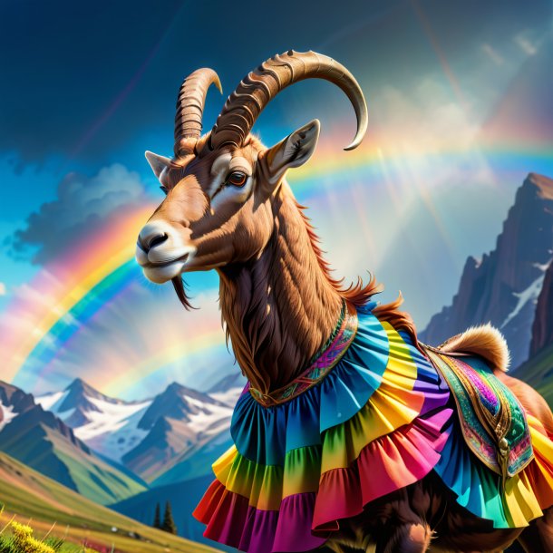 Drawing of a ibex in a skirt on the rainbow