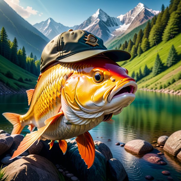 Pic of a carp in a cap in the mountains