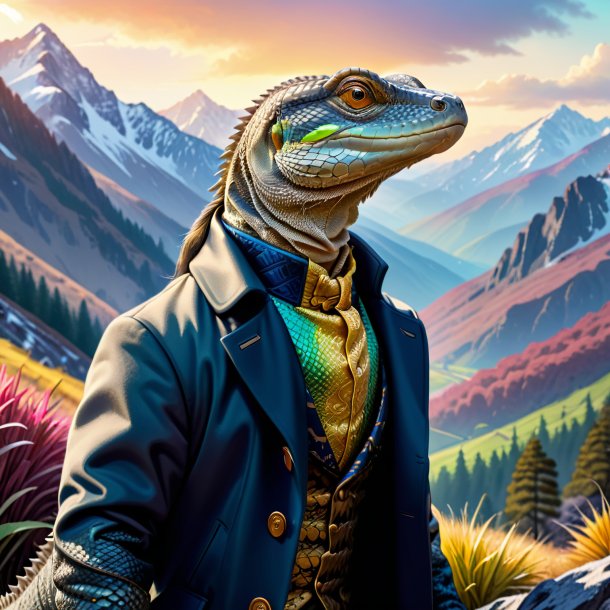 Illustration of a monitor lizard in a coat in the mountains