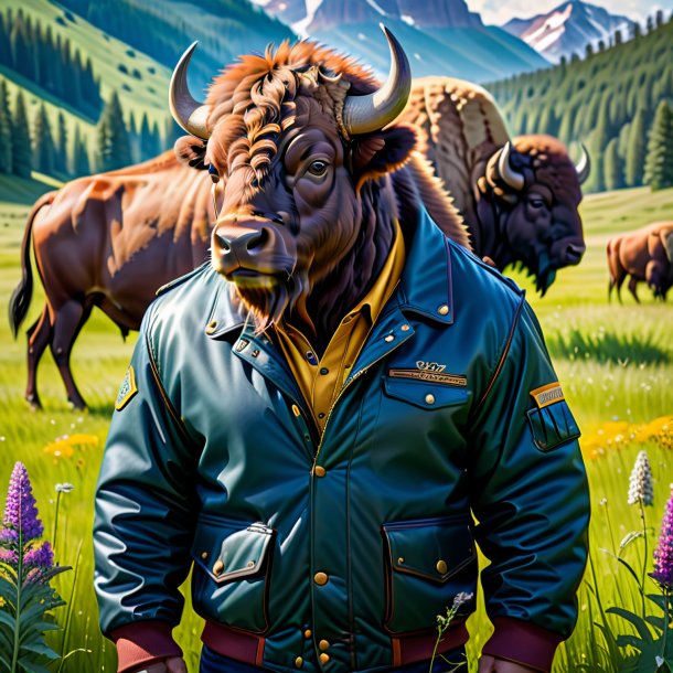 Image of a bison in a jacket in the meadow