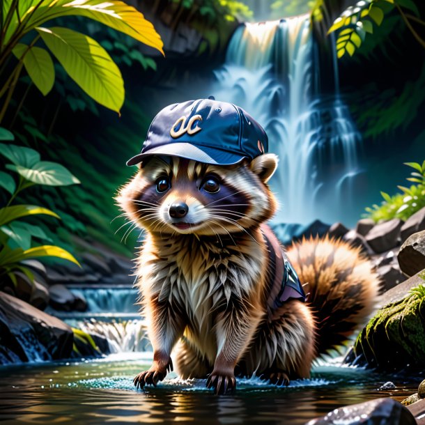 Pic of a raccoon in a cap in the waterfall