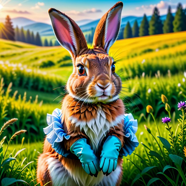 Photo of a hare in a gloves in the meadow