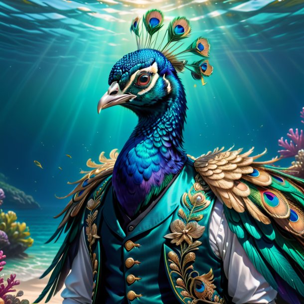 Drawing of a peacock in a vest in the sea