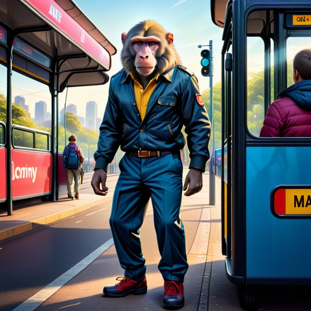 Illustration of a baboon in a trousers on the bus stop