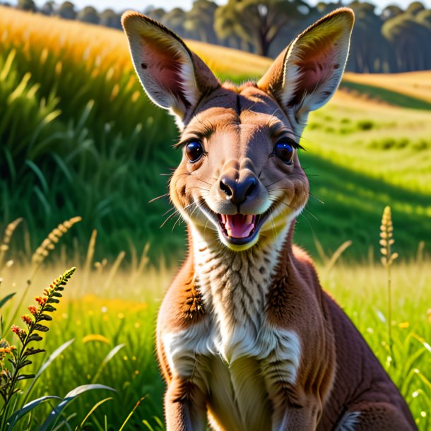 Picture of a smiling of a kangaroo in the meadow