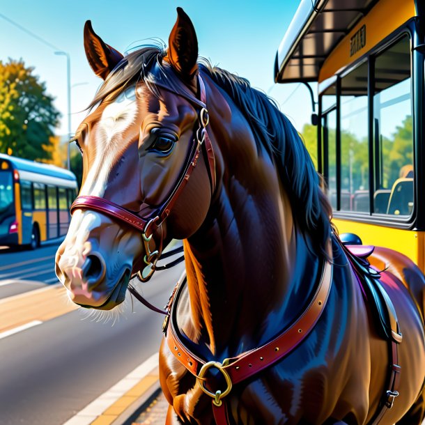 Photo d'un cheval dans une ceinture sur l'arrêt de bus